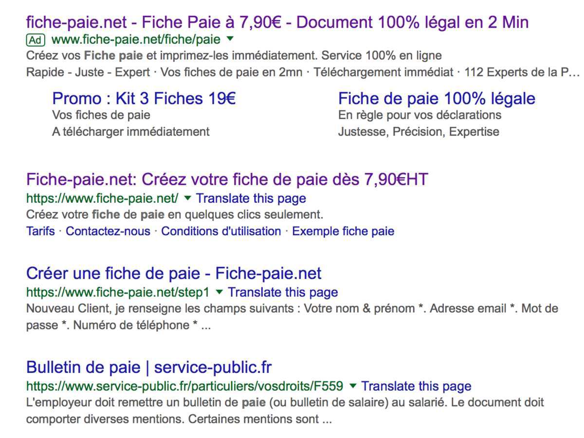 Illustration 1 1ère position SEO, Adwords devant le service public pour le site de Ecommerce de fiches de paie