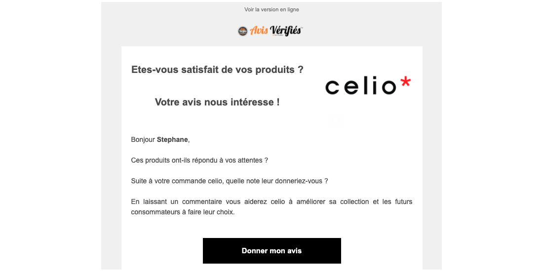 Avis client pour Celio à l'initiative d'Avis Vérifiés