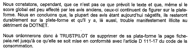 Extrait ordonnance de référé à l'encontre de Trustpilot