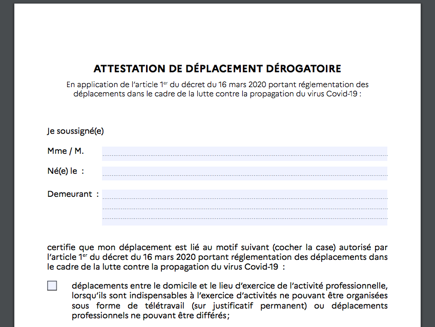 Illustration 1 Attestation sur l'honneur de déplacement dérogatoire 2020