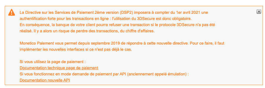 Message d'avertissement au sujet de la DSP2