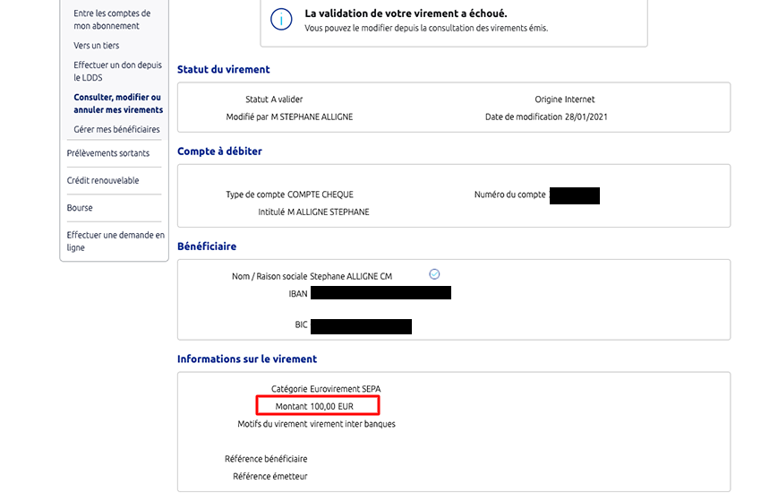 exemple virement bloqué par la banque