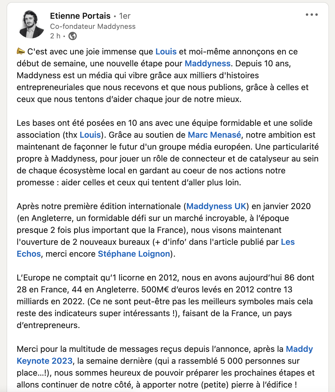 post de Etienne PORTAIS de Maddyness sur Linkedin