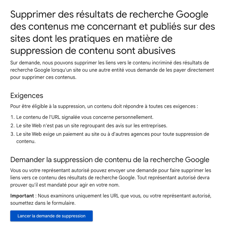 Supprimer des résultats de recherche Google des contenus me concernant et publiés sur des sites dont les pratiques en matière de suppression de contenu sont abusives