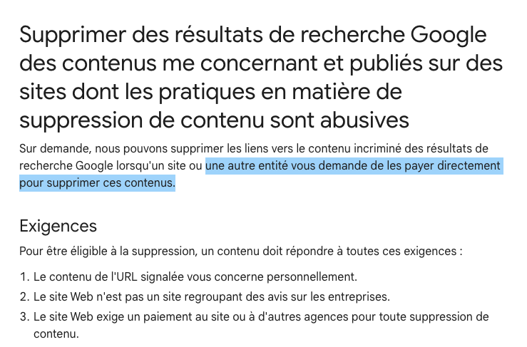 Conditions de suppression Google