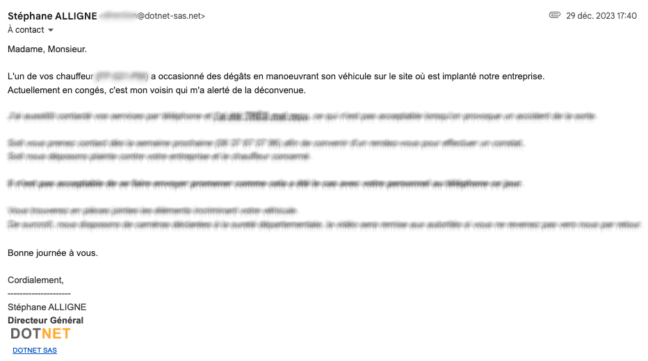 Email adressé aux transports BPFM le 29 décembre 2023