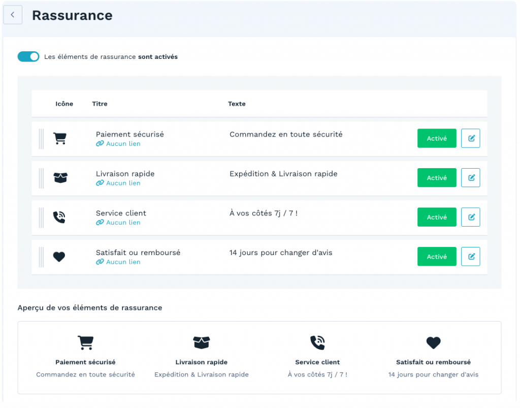 Personnaliser les éléments de réassurance sur un site Wizishop